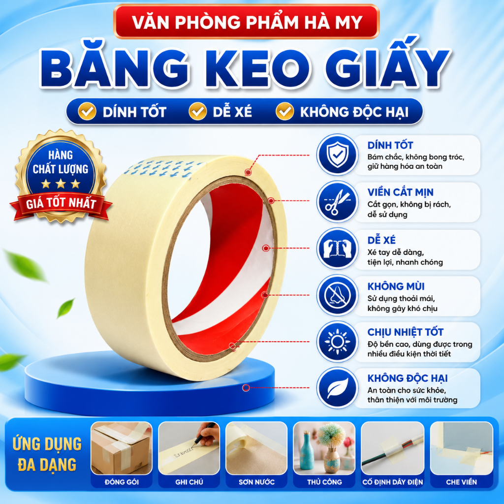 1 Cây Băng Keo Giấy 1.2cm 2,4cm và 4.8cm Dùng Ghi Chú, Độ bám dính cao