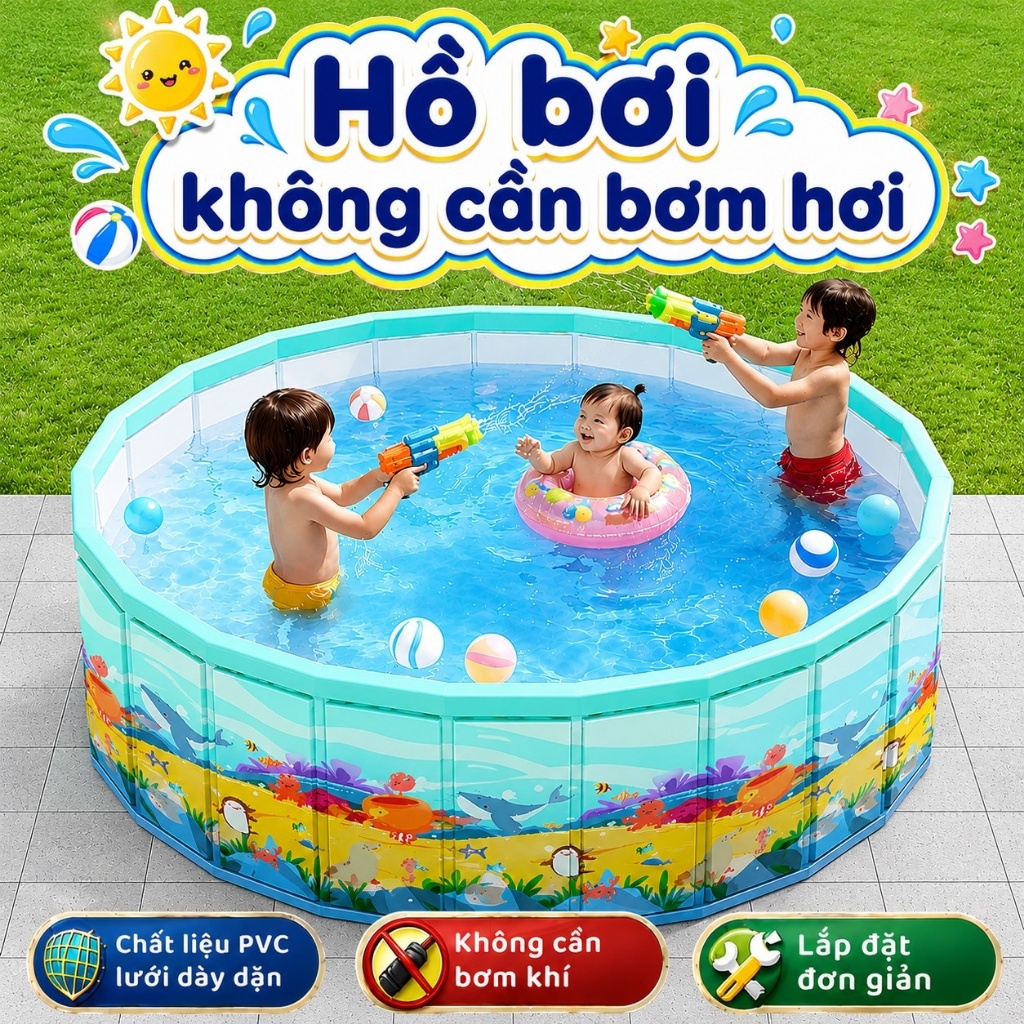 Bể bơi Gấp Gọn, Hồ Bơi Không Cần Bơm Hơi, Chất Liệu PVC An Toàn Cho Bé