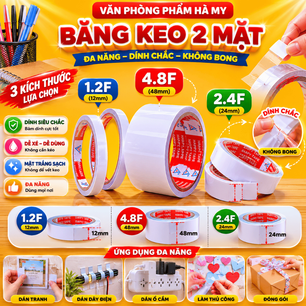 1 Cây Băng Keo 2 Mặt 0.5F, 1.2F, 2.4F và 4.8F Bám Dính Tuyệt Vời