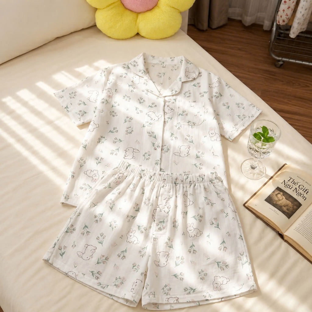 REDi Pijamas Đũi Cotton Hoạ Tiết Hoa Thỏ Hồng, Pijamas Đũi Cotton Mềm Mại, Pijama Mặc Nhà Thoải Mái