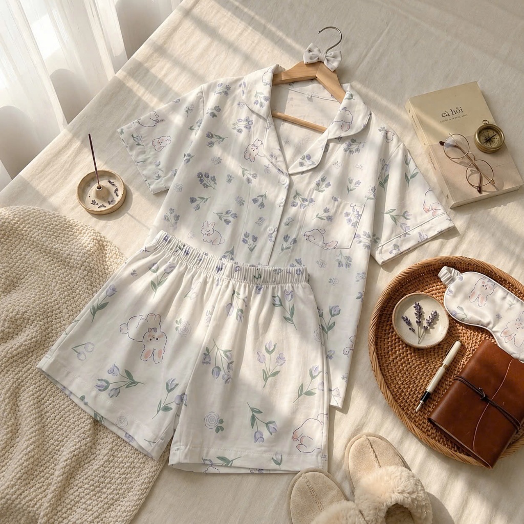 REDi Pijamas Đũi Cotton Hoạ Tiết Hoa Thỏ Tím, Pijamas Đũi Cotton Mềm Mại, Pijama Mặc Nhà Thoải Mái