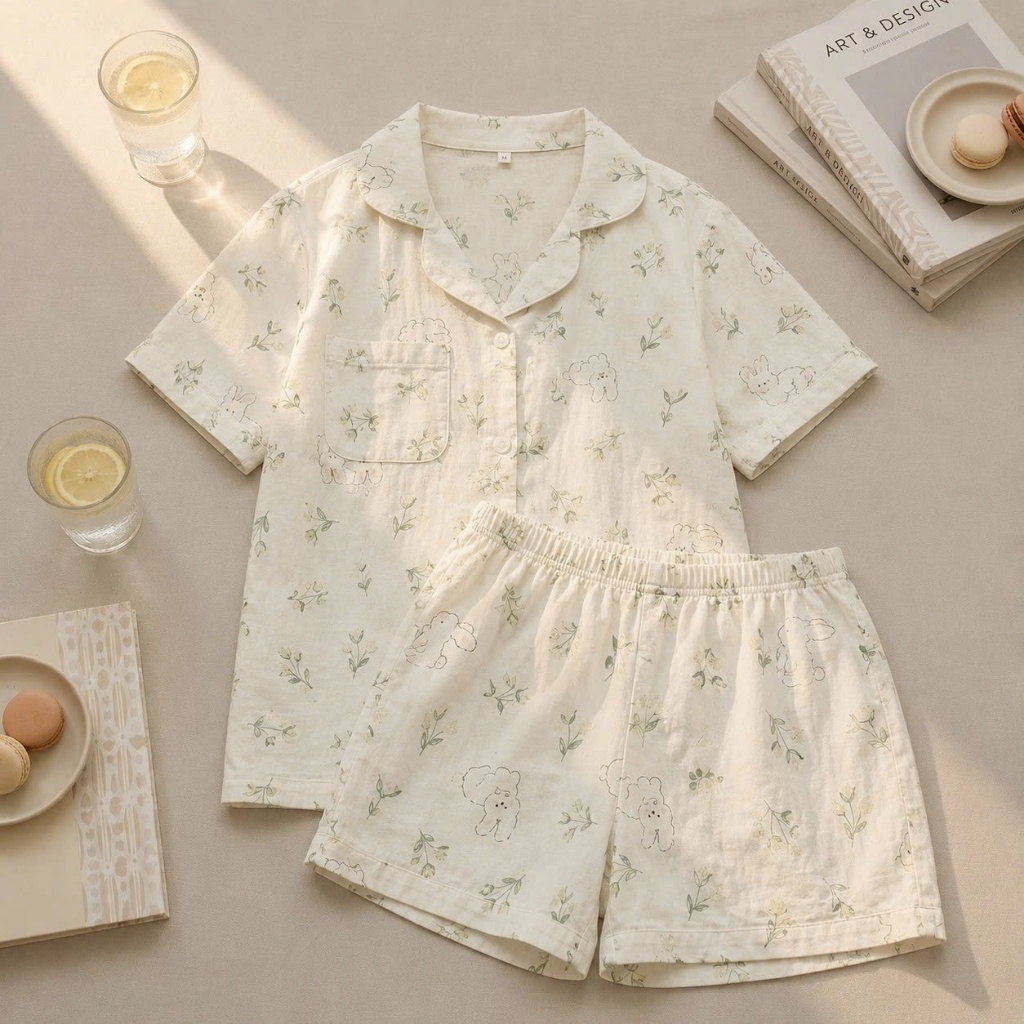 REDi Pijamas Đũi Cotton Hoạ Tiết Hoa Thỏ Vàng, Pijamas Đũi Cotton Mềm Mại, Pijama Mặc Nhà Thoải Mái