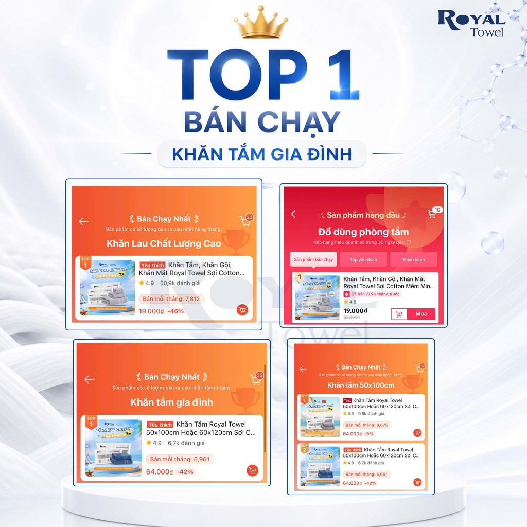 Khăn Tắm Royal Towel 50x100cm Hoặc 60x120cm Sợi Cotton Mềm Mịn, Thấm Hút Tốt, Không Xổ Lông, Không Phai Màu | BigBuy360 - bigbuy360.vn