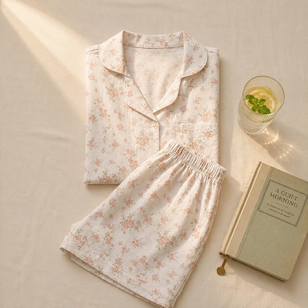 REDi Pijamas Đũi Cotton Hoạ Tiết Hoa Cam Nhí, Pijamas Đũi Cotton Mềm Mại, Pijama Mặc Nhà Thoải Mái