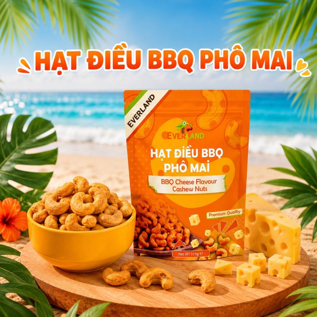 Hạt Điều BBQ Phô Mai Everland 110g, Hạt Điều Rang Giòn Phủ Phô Mai BBQ Béo Thơm Snack Healthy Cao Cấ