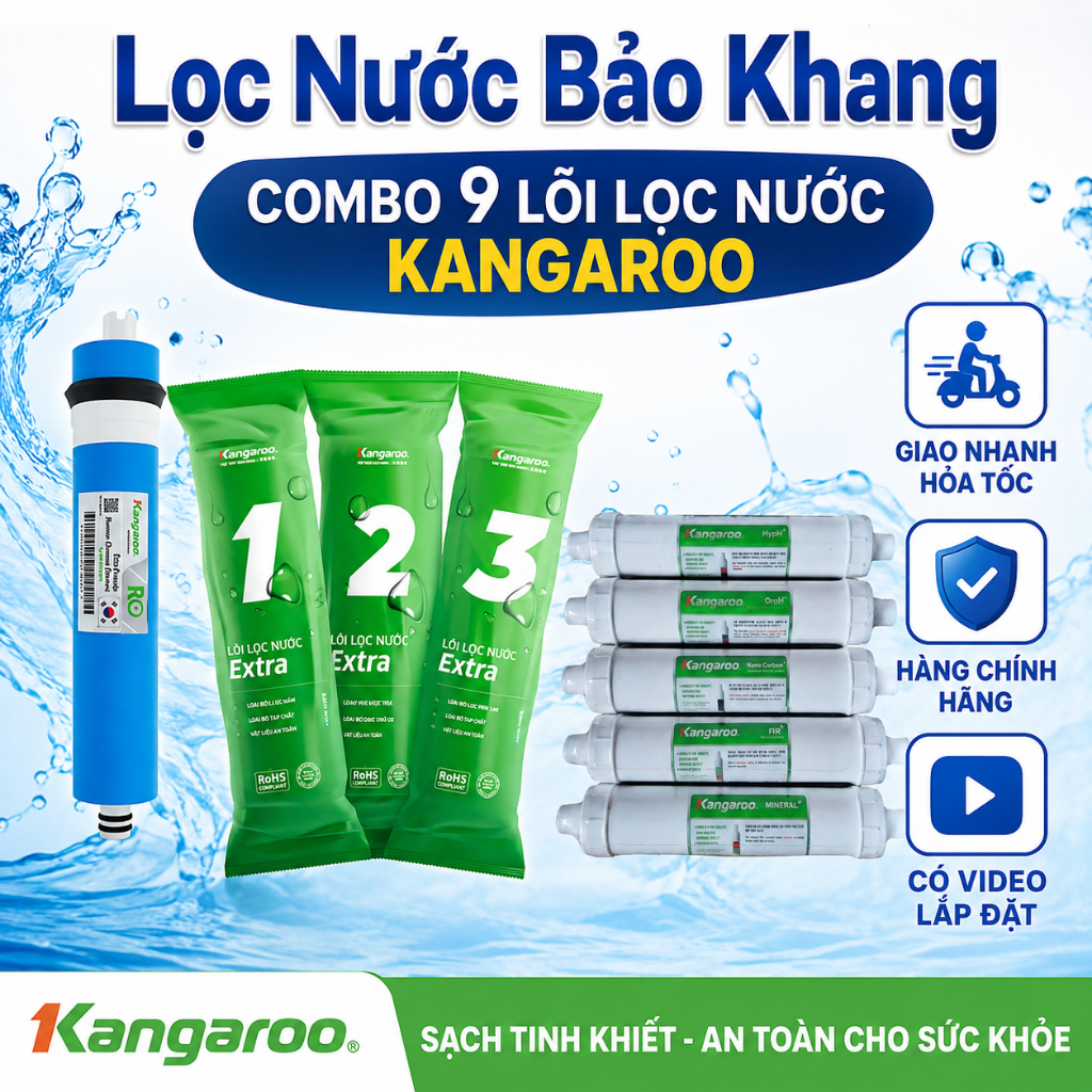 COMBO 9 Lõi Lọc nước Kangaroo Hydrogen Trắng KG100HA KG100HC.., Lắp sẵn co cút kết nối