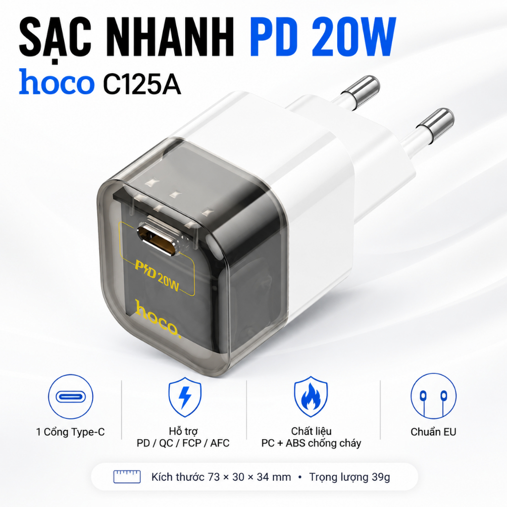 Cốc Sạc Nhanh Hoco C125A 20W Cổng Type C Chân Tròn Chuẩn PD QC Nhựa Chống Cháy