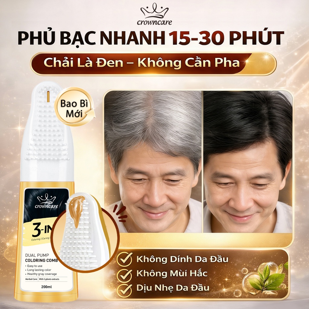 Dầu Gội Nhuộm Tóc Phủ Bạc 15-30 Phút – Chải Là Đen Ngay, Che Phủ 100% Tóc Bạc, Không Cần Pha, Không Dính Da Đầu 200ml