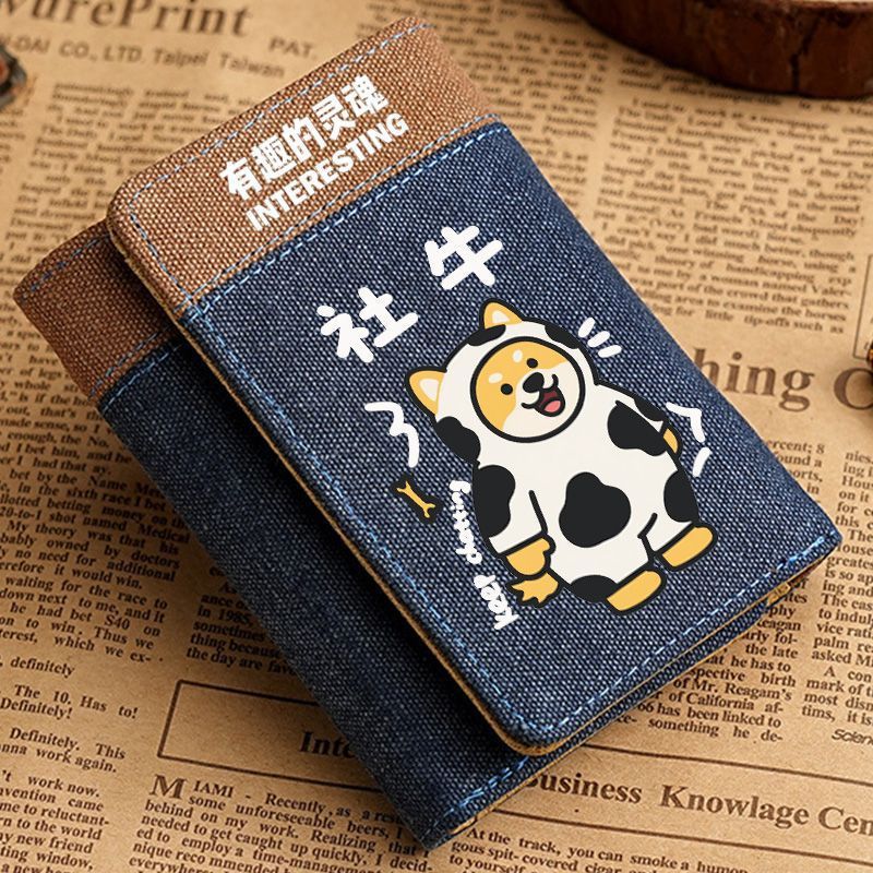 HT042 Ví Ngắn Cầm Tay Nữ Gập Ba Da PU Họa Tiết Biểu Cảm Chú Chó Hướng Nội Hướng Ngoại Vô Tri Đáng Yê