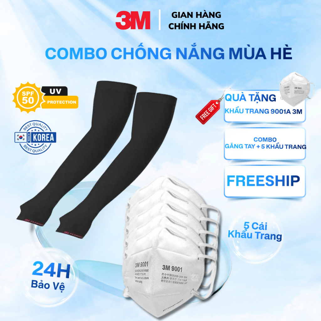 [COMBO - TẶNG 1 KHẨU TRANG]  5 Khẩu trang lọc bụi khí thải chuẩn N90 3M 9001 + Ống Tay Chống Nắng & 