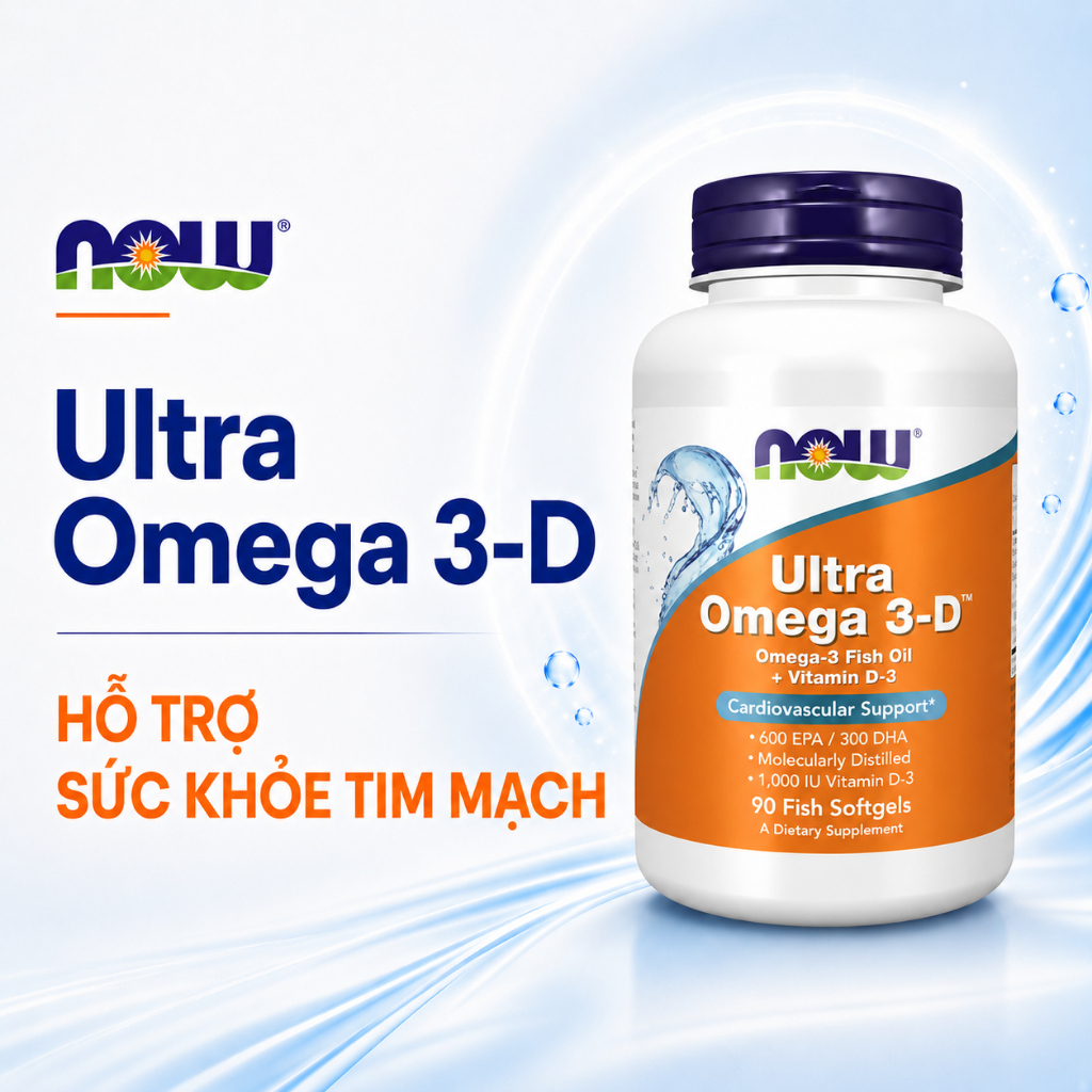 Dầu cá Ultra Omega 3D Now bổ sung thêm vitamin D3, hỗ trợ xương khớp, tim mạch, não bộ, thị lực