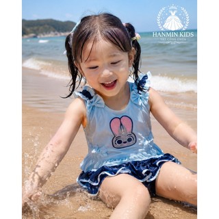 Set Đồ Bơi Đi Biển Bé Gái Hình Thỏ Judy Xanh Pastel, Áo Bèo Nơ Vai Kèm Quần Váy Xòe Dễ Thương Đi Biển
