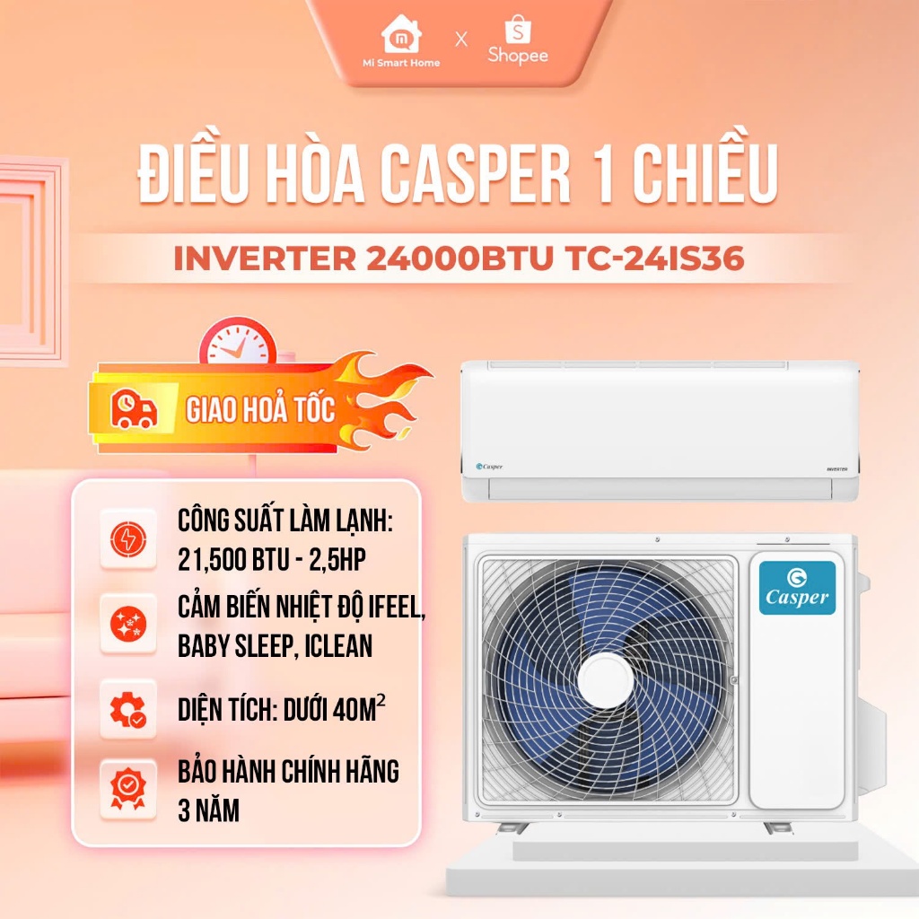 Điều hòa Casper 1 chiều inverter 24000BTU (2.5HP) TC-24IS36 - Bảo hành chính hãng 3 năm