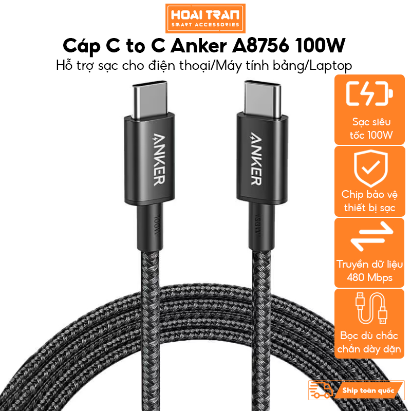 Cáp sạc nhanh Anker A8756 100W C to C dài 1M bọc dù, chip E-Marker bảo vệ sạc an toàn, nobox