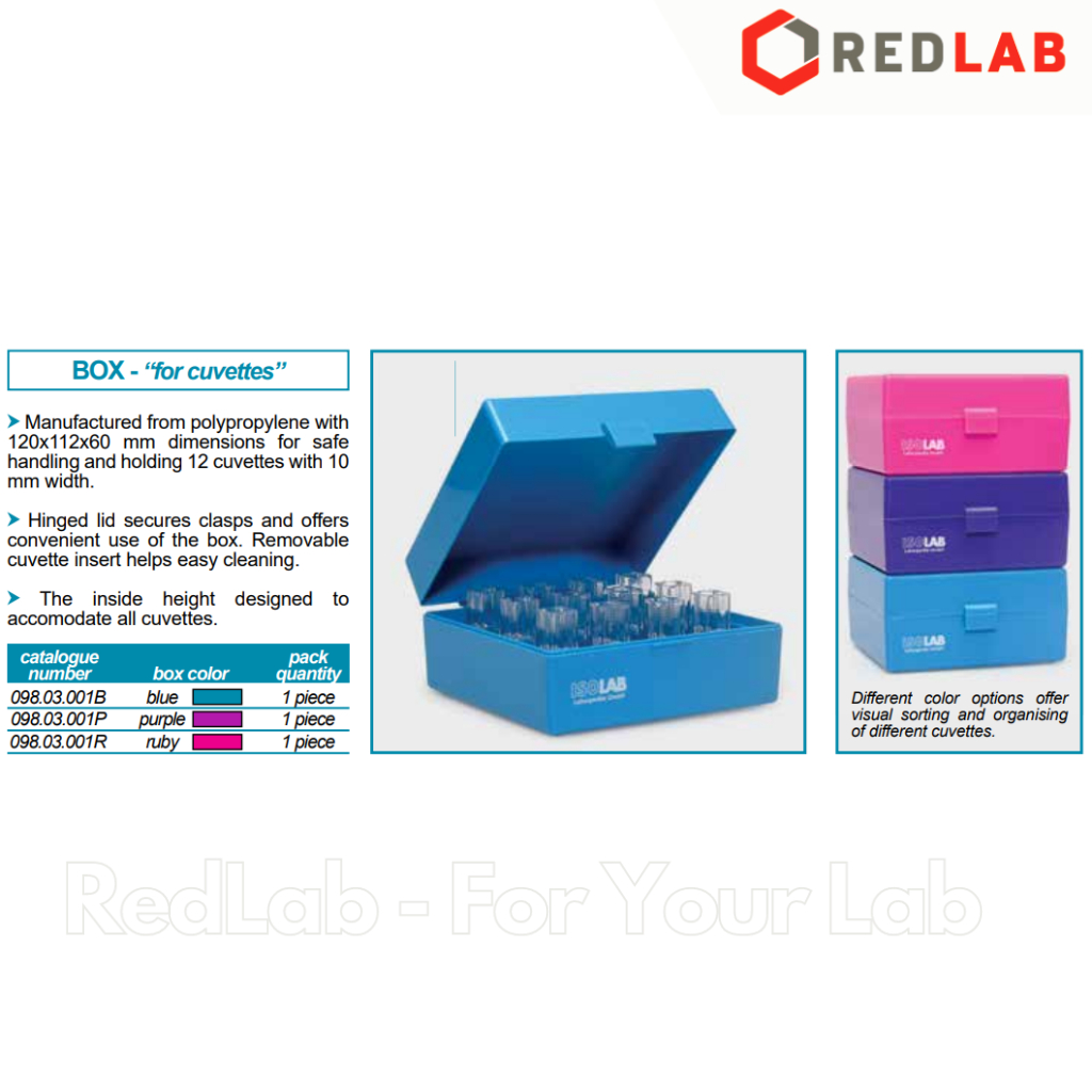 Hộp đựng cuvet có nắp đậy, 12 vị trí ISOLAB, nhựa PP xanh blue, 120x112x60mm, box for cuvettes, có V