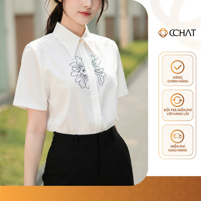 Áo Sơ Mi Nữ 𝐂𝐂𝐇𝐀𝐓 Dáng Suông Thêu Hoa Dọc Nẹp Chất Liệu Thô Bamboo Cao Cấp 16FNT9098ST
