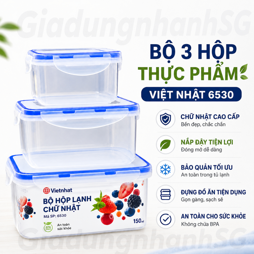 Bộ 3 Hộp Thực Phẩm 6530 Việt Nhật Chữ Nhật, Tiện ích, Bảo Quản Thực Phẩm Tủ Lạnh