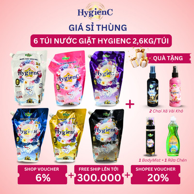 Combo 6 Túi Nước Giặt Đậm Đặc HygienC Plus 2.6Kg/Túi -  Hương Nước Hoa, Sạch Vết Bẩn, Dưỡng Vải