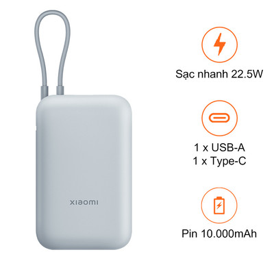 [HÀNG-MKT] Pin Sạc Dự Phòng Xiaomi Power Bank 10000mAh (Integrated Cable) - Xanh (BHR9103TH)