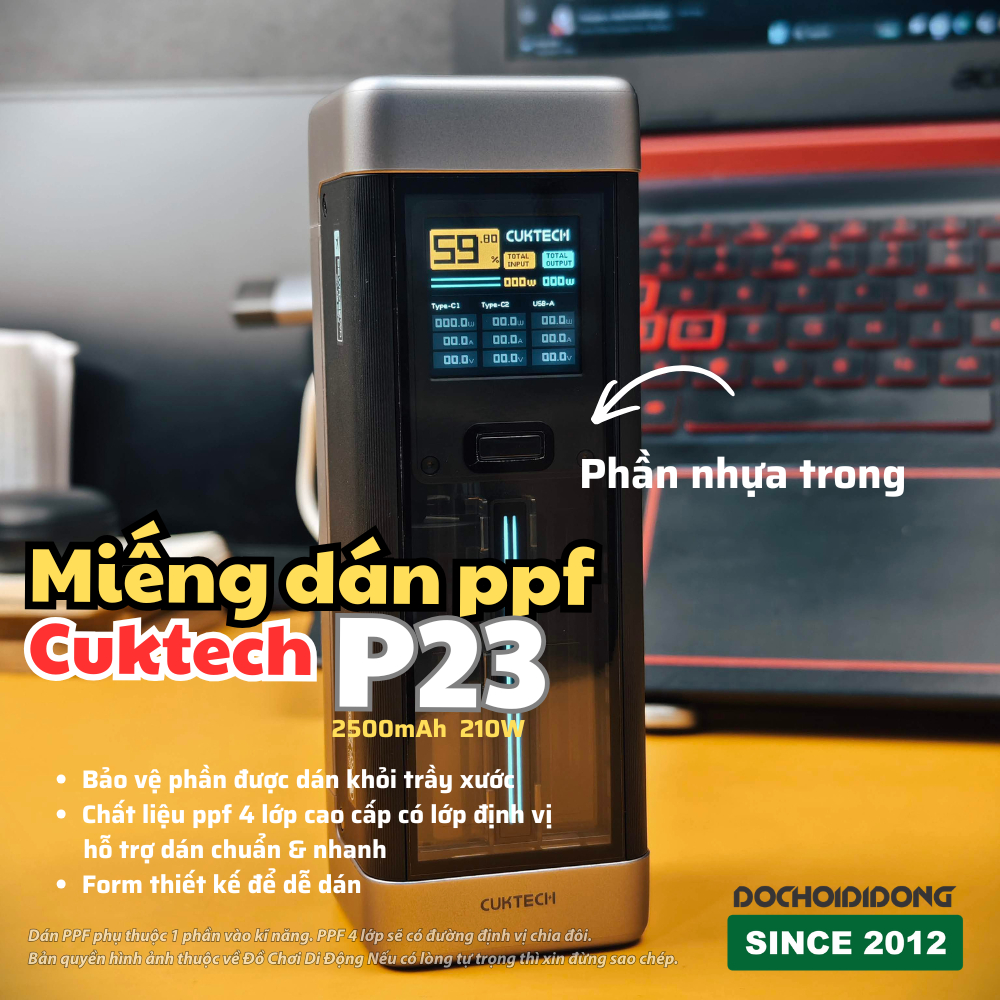 Miếng dán PPF Sạc Dự Phòng Cuktech P23 25000mAh 2C1A 210W  trong, nhám cao cấp