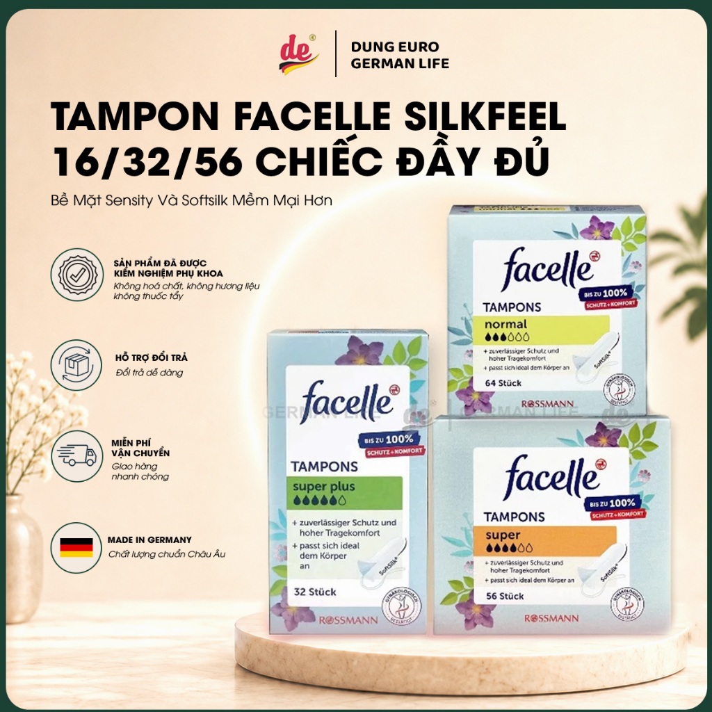 [Chuẩn Đức] Tampon Facelle SilkFeel 16/32/56 Chiếc, Đủ Size 2-6 Giọt, Lớp Lụa Mềm Mịn, Dễ Dùng