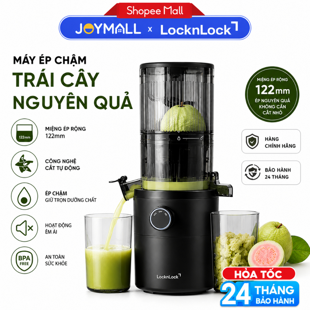 Máy Ép Chậm Trái Cây Nguyên Quả Locknlock Slow Juicer EJJ441BLK 200W, Hàng Chính Hãng, Miệng Rộng - 