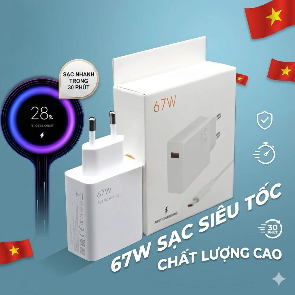 Bộ sạc nhanh HyperCharge 67W + cáp 6A dành cho Xiaomi 15/14/13, Redmi Note 14/13, POCO F6/F5