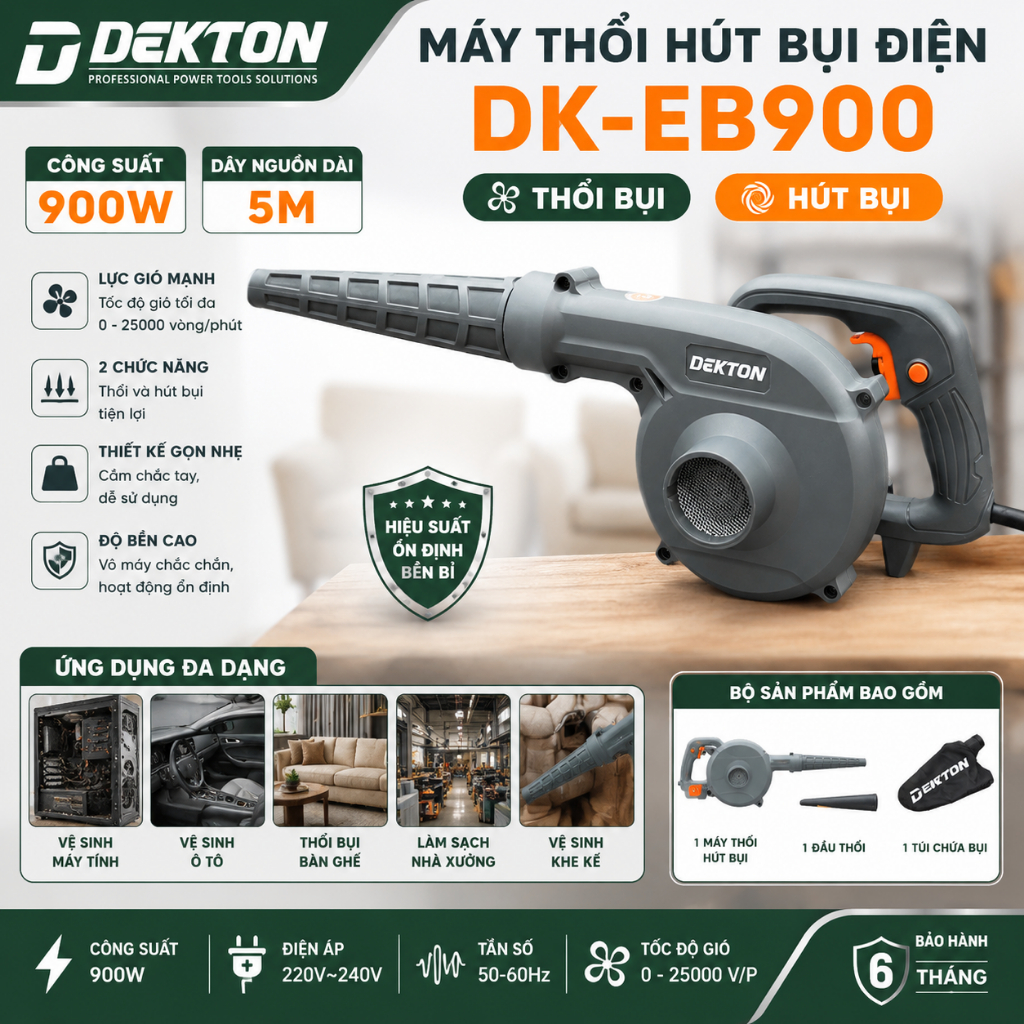Máy Thổi Bụi Điện Dekton DK - EB900 Công Suất 900W Có Chỉnh Tốc Chuẩn Dây Đồng Bảo Hành 6 Tháng
