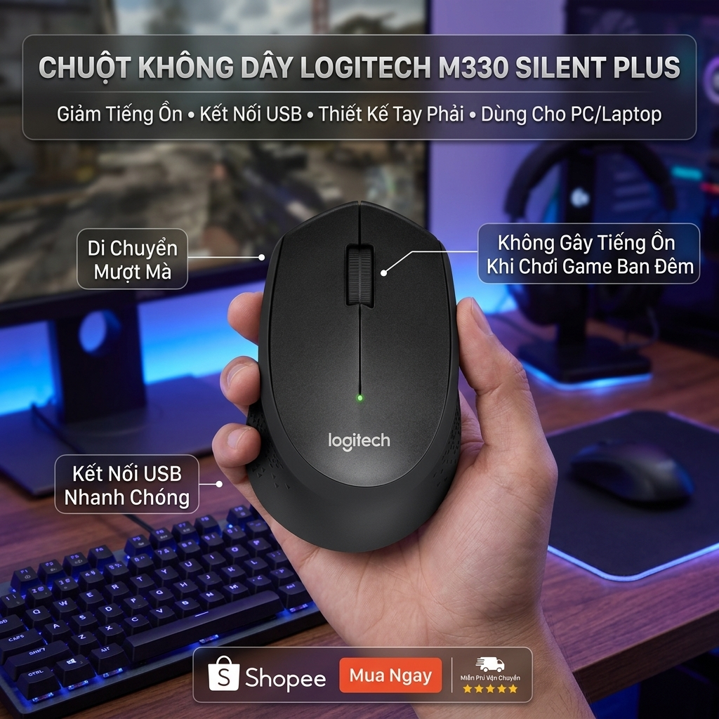 Chuột Không Dây Logitech M330 Silent Plus – Cầm Tay Công Thái Học