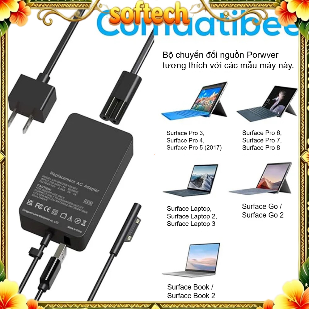 Cho Sạc 44W 65W Surface Go 3 2 1 Pro 3 4 5 6 7 8 9 X 11 12 Laptop Charger Power Adapter Bộ Sạc Nguồn