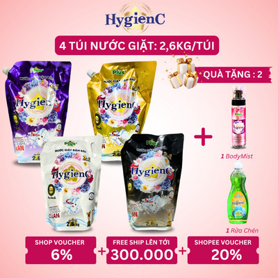 Combo 4 Túi Nước Giặt Đậm Đặc HygienC Plus 2.6Kg/Túi - Hương Nước Hoa, Sạch Vết Bẩn, Dưỡng Vải