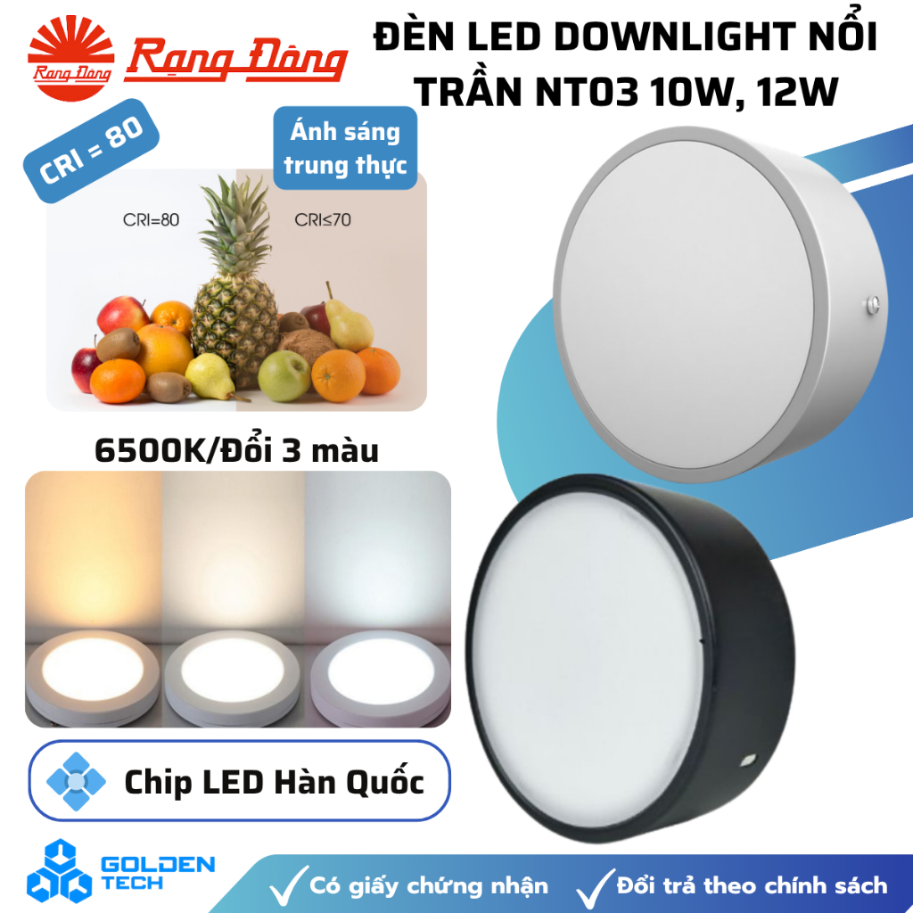 (Chính hãng) Đèn Led Downlight Ốp nổi trần Tròn 10W-12W Đổi 3 màu Rạng Đông Size 120mm Model NT03
