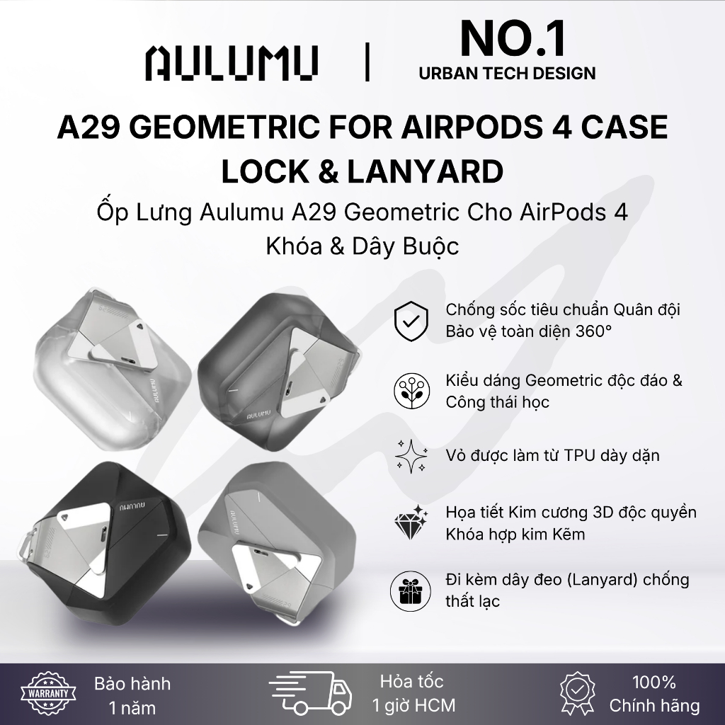 [No.1 Urban Tech Design] Ốp AirPods 4 Aulumu A29 Geo Case | Khóa Zinc Alloy | Dây Đeo Lanyard | Chốn