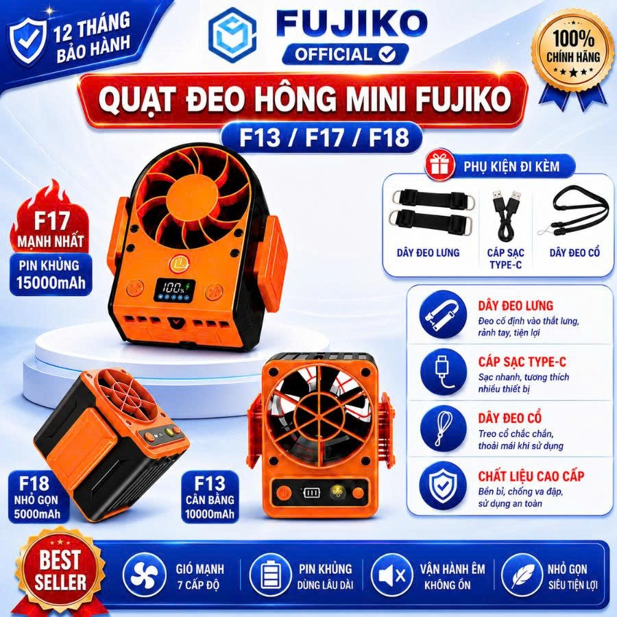 [BẢN NEW 2026] Quạt Đeo Thắt Lưng FUJIKO F17/F13/F18/F23: Quạt Điều Hòa Mini Pin Khủng Gió Phản Lực 