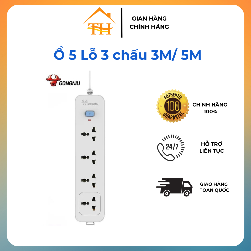 🔌 Ổ Cắm Điện 5 Lỗ 3 Chân N1050 Gongniu Chính Hãng Dây Dài 3M/ 5M – An Toàn, Bền Bỉ, Chống Cháy