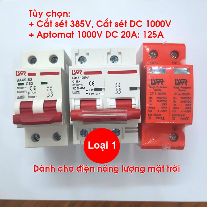 CHỐNG SÉT DC 1000V 2P 40KA LW VÀ APTOMAT DC 1000V LWR ( cắt sét dc 1000v, át 1 chiều, cb dc 1000v), 