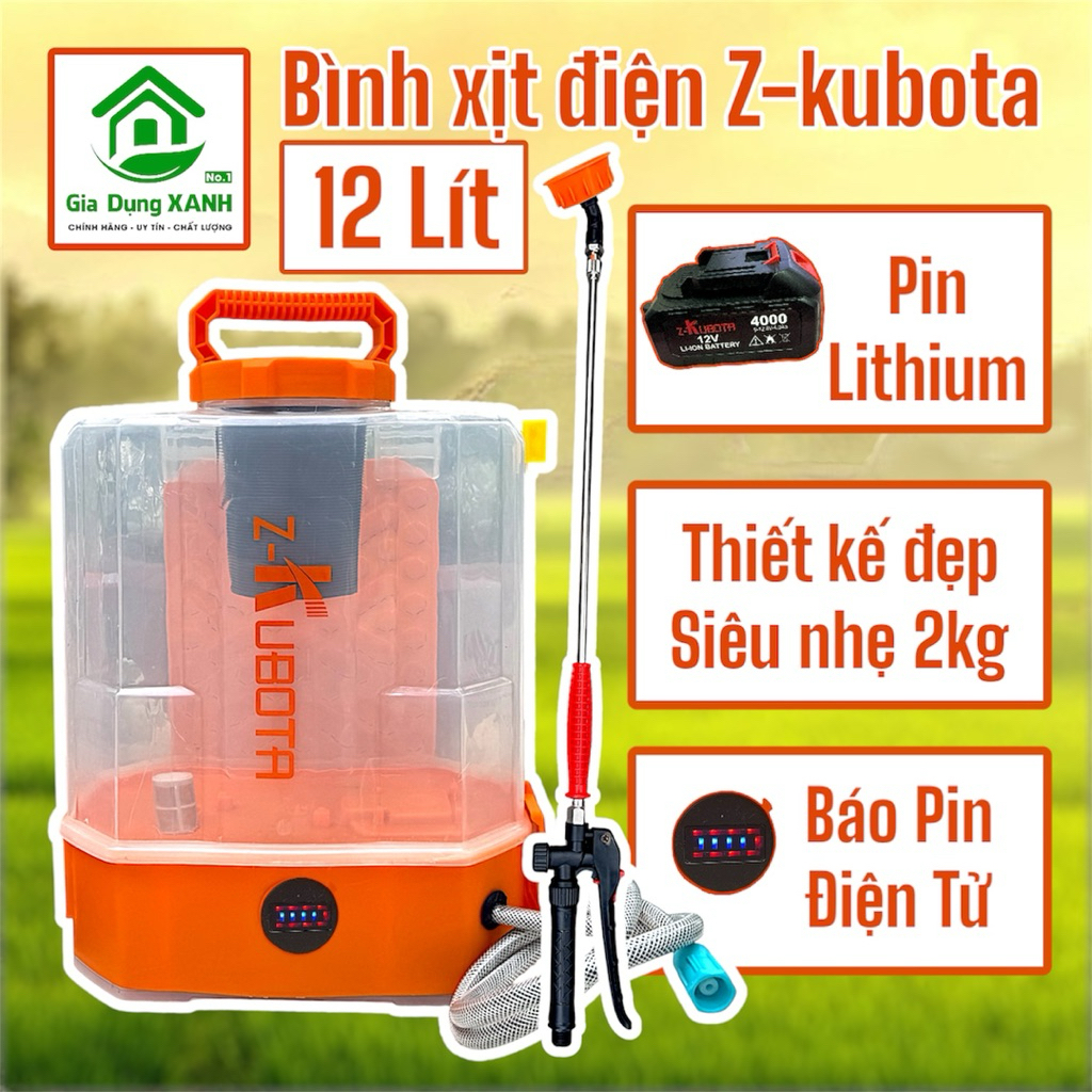 Bình xịt điện Z-kubota 12 Lít, pin 12V-4Ah (chân M21), phụ kiện tốt, vỏ nhựa trong suốt hiện đại, bá