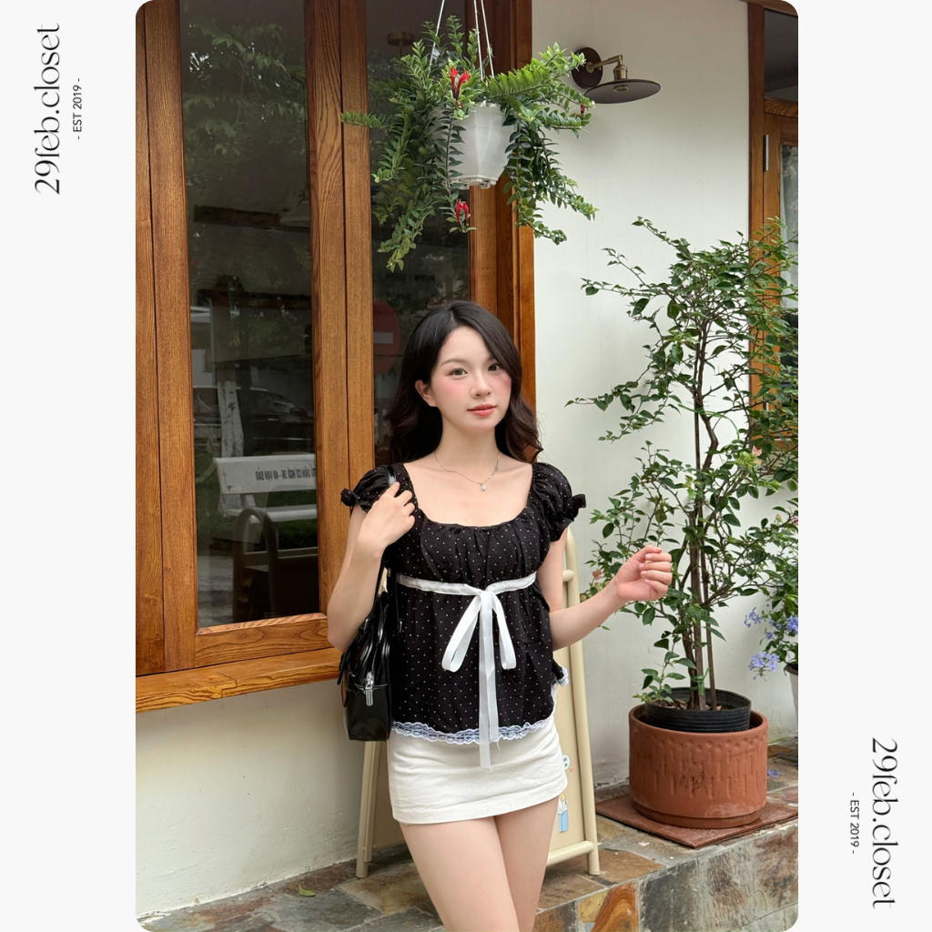 Áo babydoll tay bồng chấm bi phối nơ, Áo kiểu tay bồng chấm bi mùa hè - 29feb.closet – A603 | BigBuy360 - bigbuy360.vn