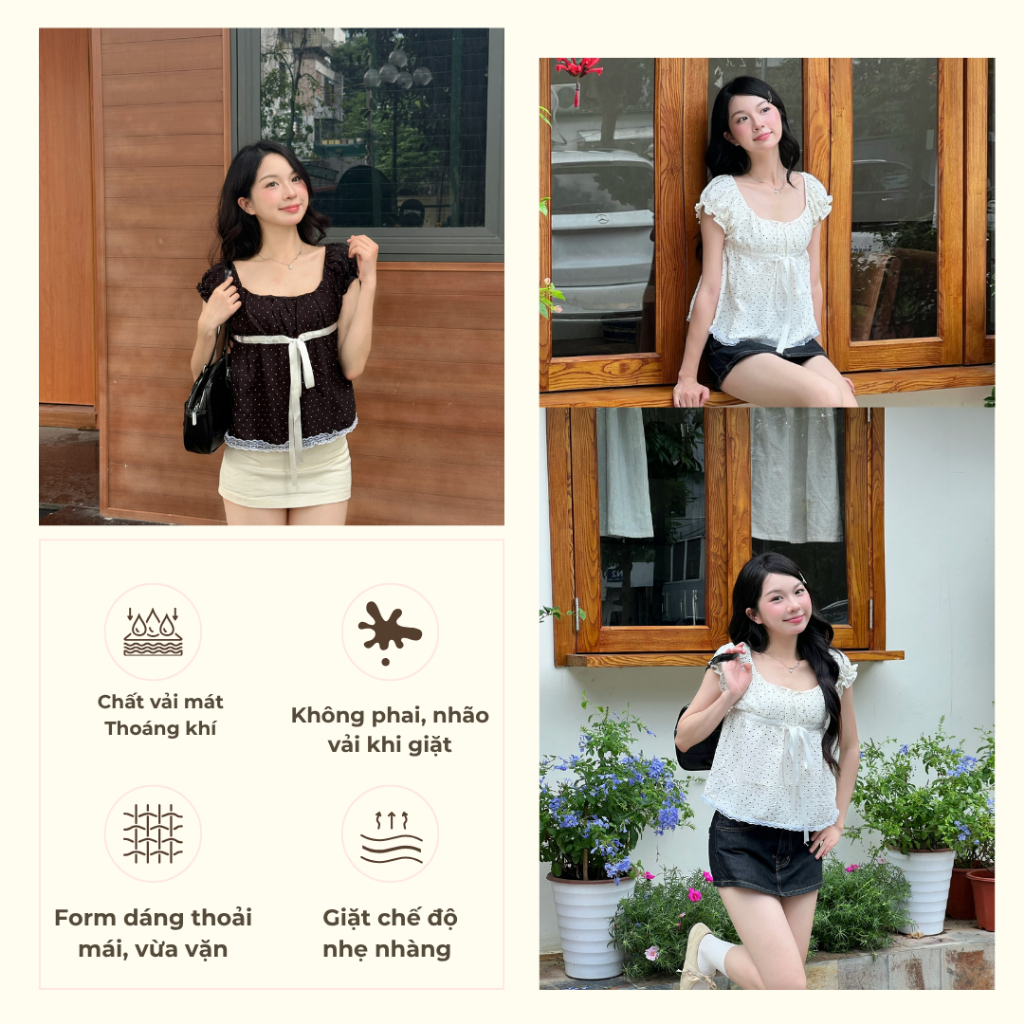 Áo babydoll tay bồng chấm bi phối nơ, Áo kiểu tay bồng chấm bi mùa hè - 29feb.closet – A603 | BigBuy360 - bigbuy360.vn
