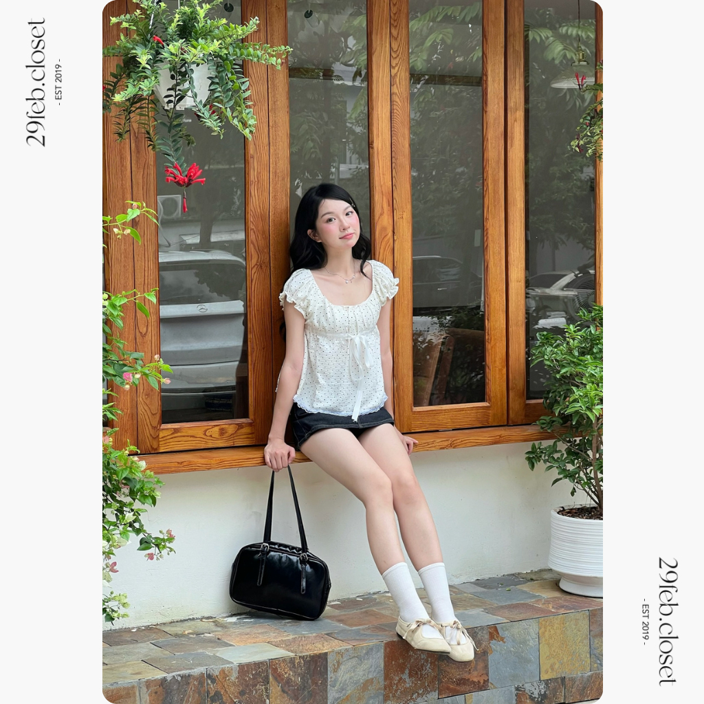 Áo babydoll tay bồng chấm bi phối nơ, Áo kiểu tay bồng chấm bi mùa hè - 29feb.closet – A603 | BigBuy360 - bigbuy360.vn