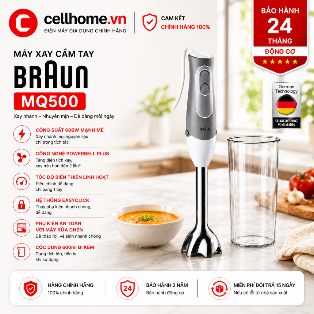 [Bảo Hành 2 Năm]  Xay Cầm Tay Đơn Năng Braun MQ500 | 600W | Kèm Cốc Đong | Xay Cháo, Sinh Tố, Thịt |
