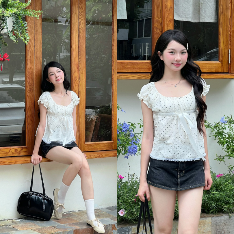 Áo babydoll tay bồng chấm bi phối nơ, Áo kiểu tay bồng chấm bi mùa hè - 29feb.closet – A603 | BigBuy360 - bigbuy360.vn