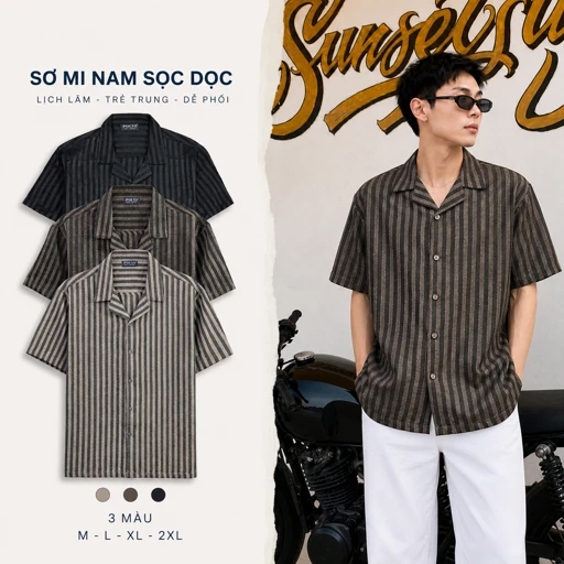Áo Sơ Mi Nam Sọc Dọc POLYS, Vải Dệt Texture Sang Trọng, Áo Sơ Mi Nam Ngắn Tay RAYON