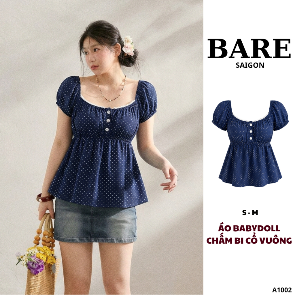 BARE_Áo Babydoll Nữ Chấm Bi Cổ Vuông Tay Phồng Che Bụng Vintage Hàn Quốc_A1002 | BigBuy360 - bigbuy360.vn