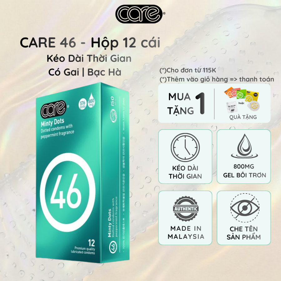 Bao cao su có gai CARE 46 bcs gai siêu mỏng Kéo Dài Thời Gian, tăng cường gel bôi trơn hộp 12 chiếc