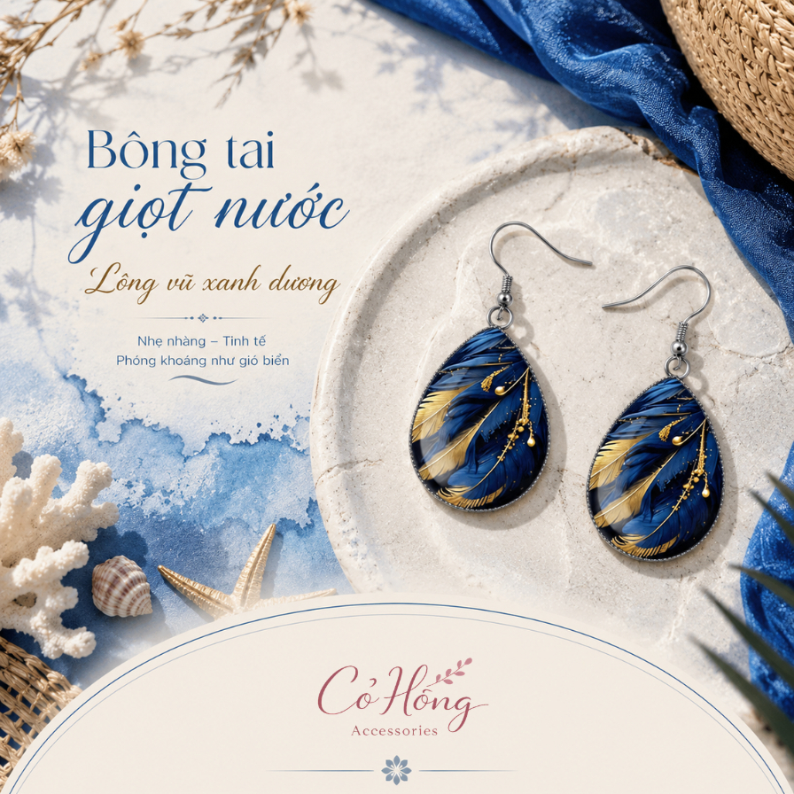 Bông Tai Giọt Nước Lông Vũ Xanh Navy Boho Vintage Cá Tính Summer Style – SP117