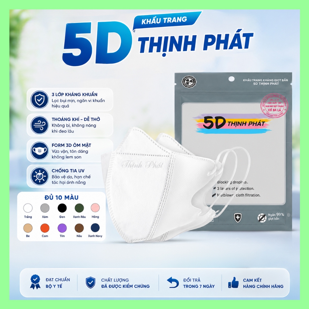 [THÙNG 400 CÁI] Khẩu Trang 5D Thịnh Phát 3 Lớp Lọc Bụi Mịn, Ôm Mặt, Dùng Hằng Ngày