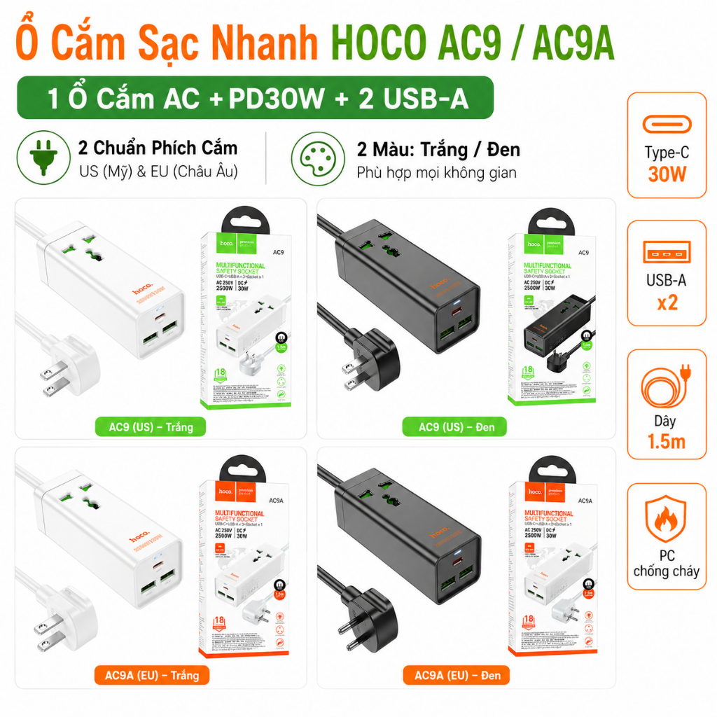 Ổ Cắm Điện Đa Năng Hoco AC9 AC9A 30W Chuẩn PD QC 2 Cổng USB 1 Type C Dây Dài 1.5m Chống Cháy