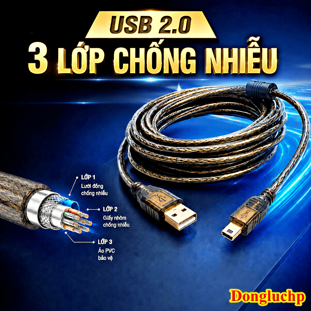 Dây Cáp USB 2.0 Máy In A-B Chống Nhiễu Cao Cấp 1.5m/3m/5m Canon HP Epson Brother Scanner CNC