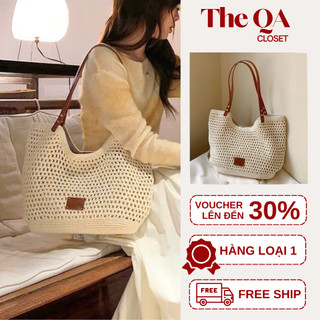 Túi Tote Đi Biển Len Móc Handmade Quai Da Vintage Hàn Quốc Form To Đi Chơi Cực Xinh
